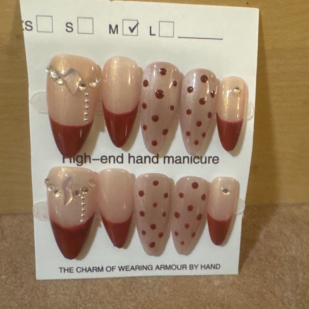 High-End Hand Manicure Press-On Nails Red French Tip Polka Dot Rhinestone Size M